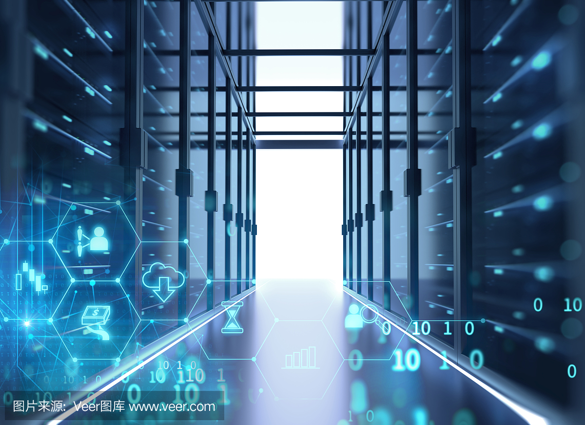 數(shù)據(jù)中心有服務(wù)器機(jī)架的服務(wù)器室走廊。三維演示